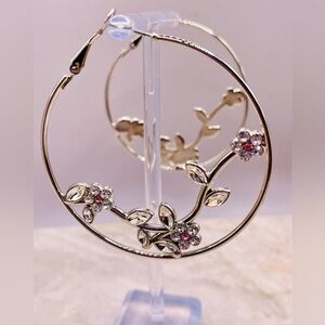 Silver Tone Hoop Earrings with Clear and Pink Rhinestone Flowers and Leaves